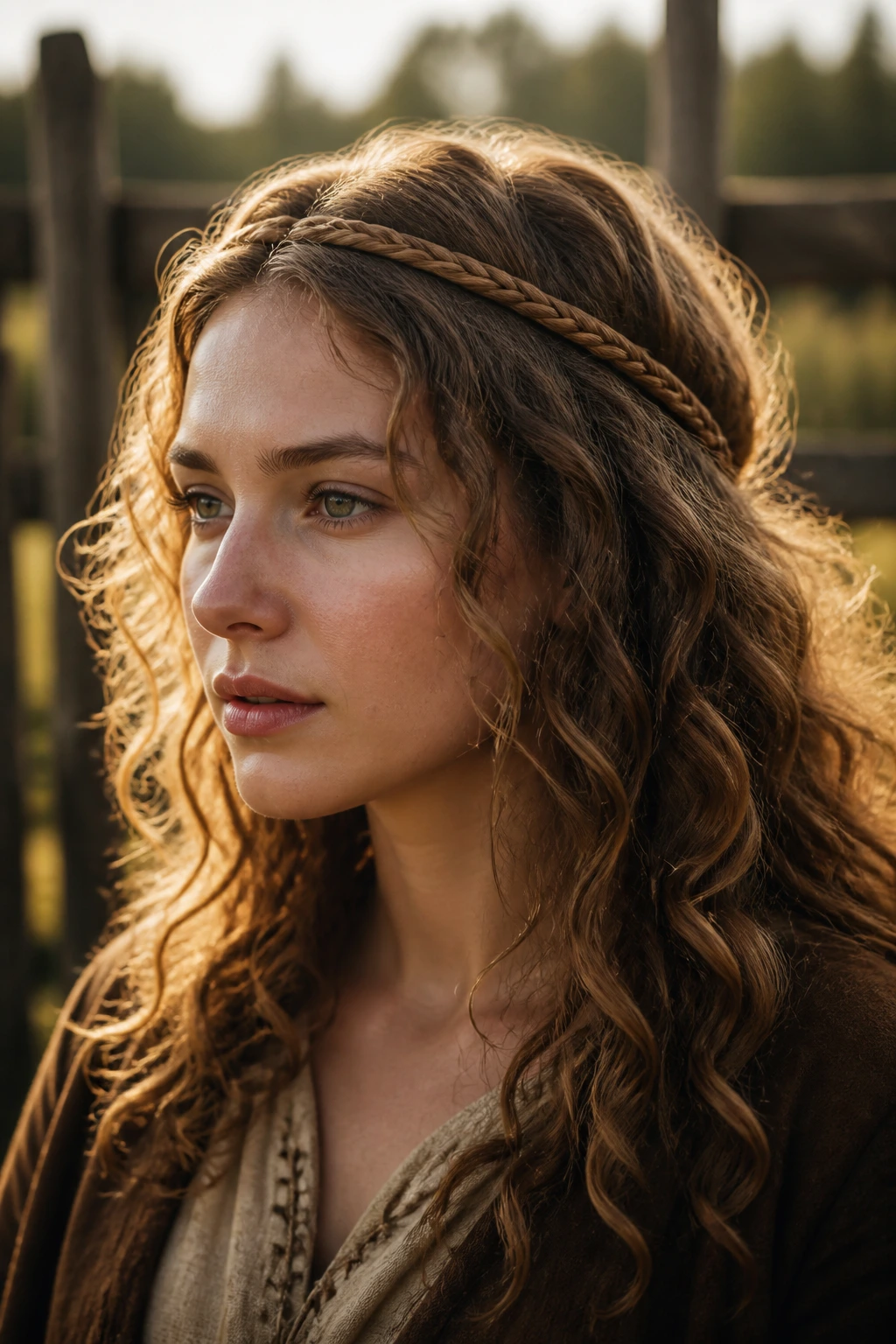 Close-up of a real person with a braided headband and free curls