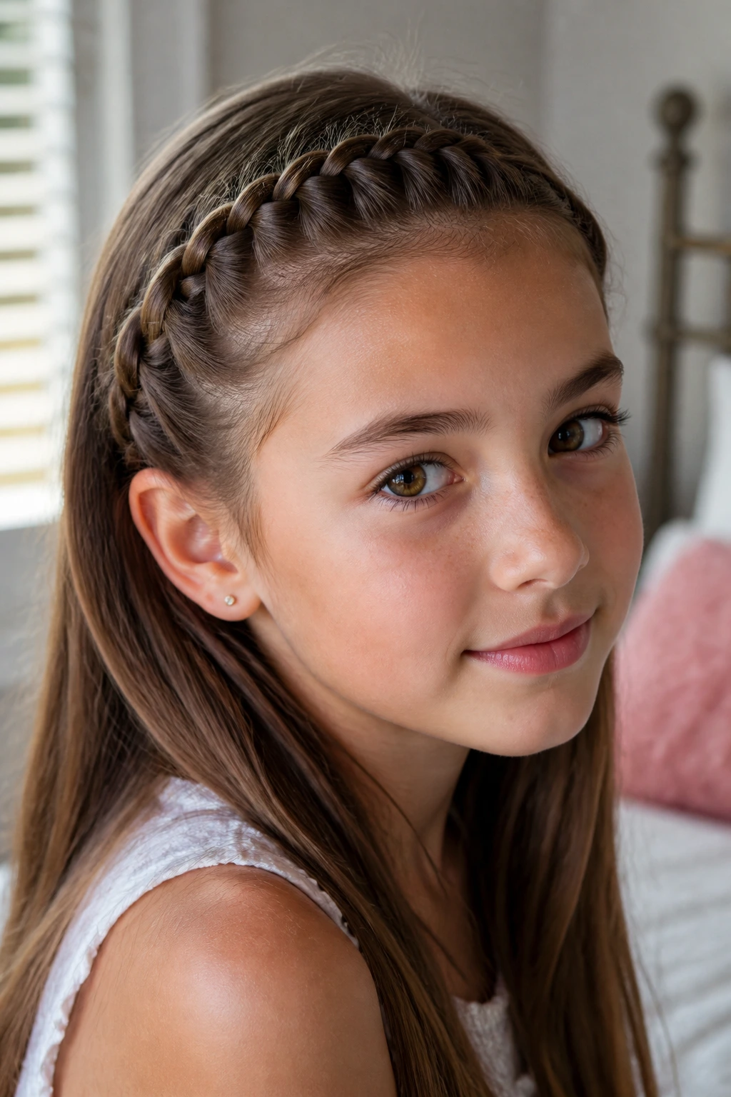 Close-up of a real girl's head with a halo-style headband braid along the hairline.