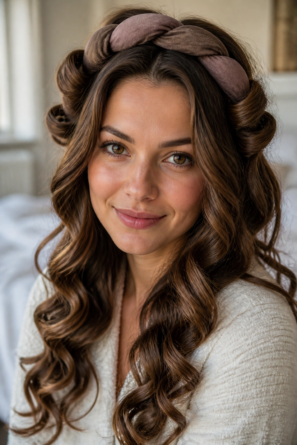 Close-up portrait of a real woman with headband curls framing the face