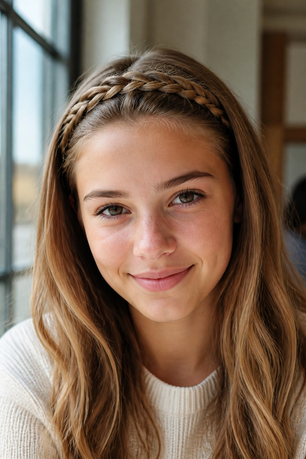 Close up of real person wearing headband Dutch braid across hairline