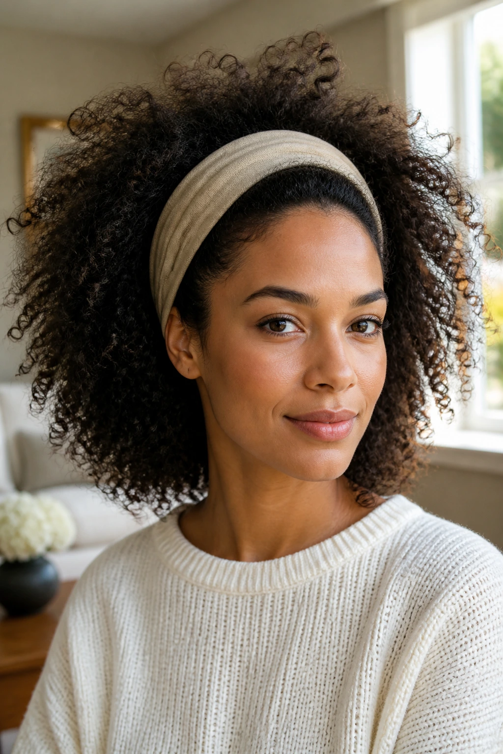Close-up of a person wearing a thick fabric headband framing natural curls