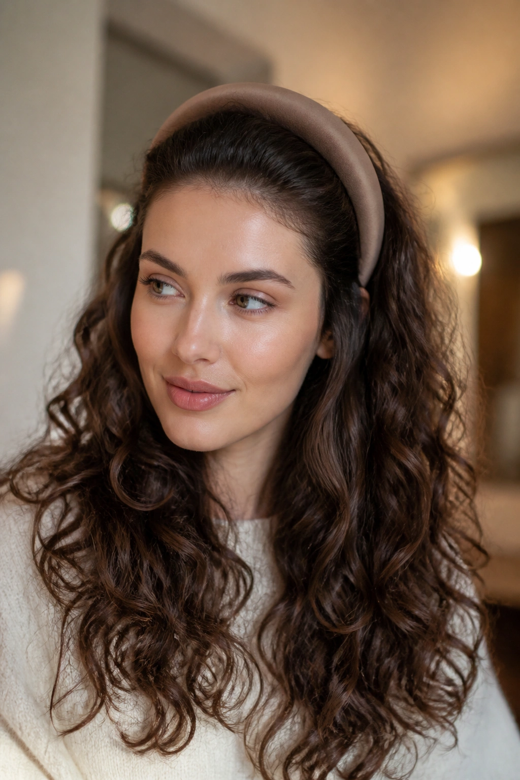 Portrait of a woman with padded headband and soft crown volume.