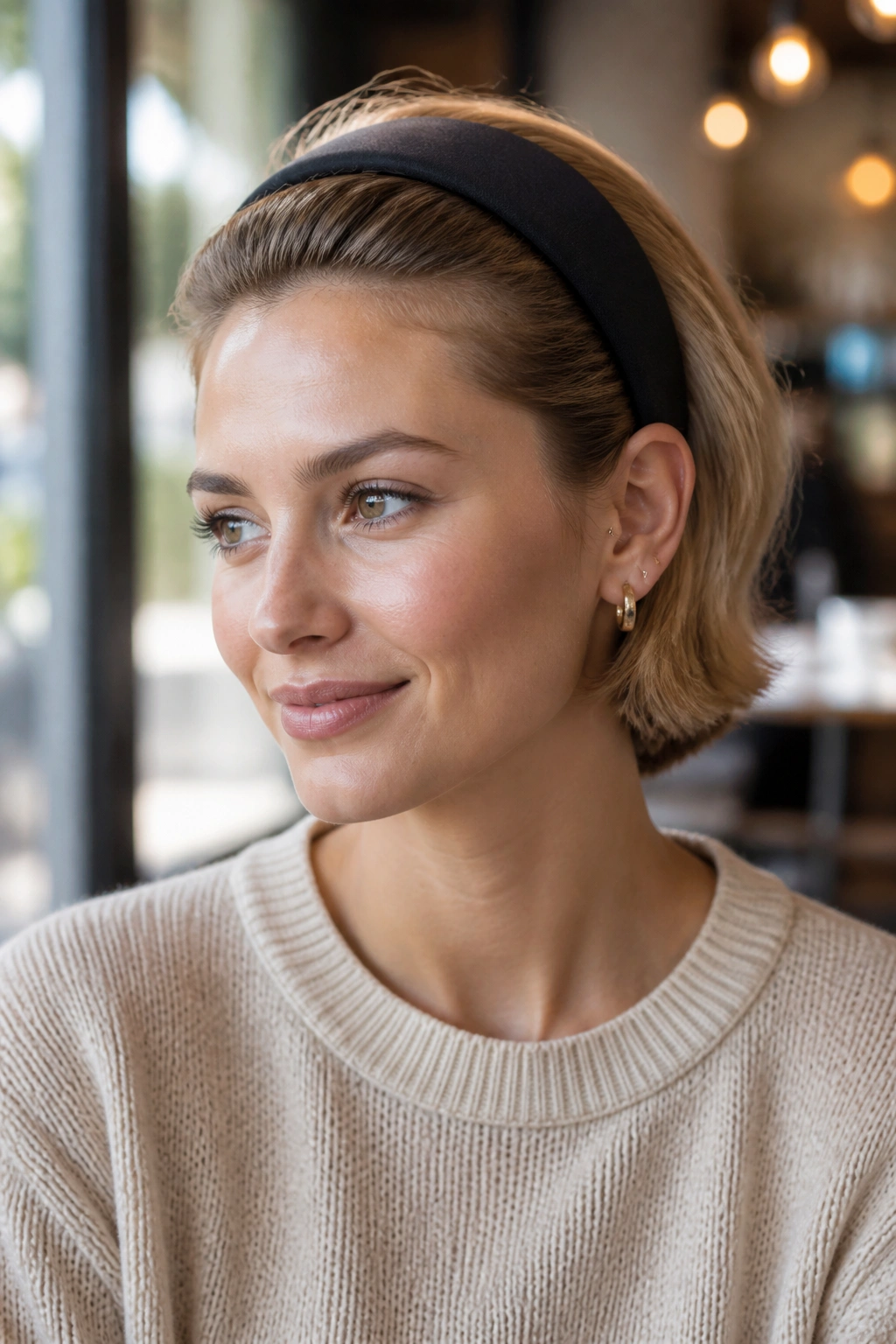 Close-up of a real woman wearing a wide headband pushed back to lift the crown