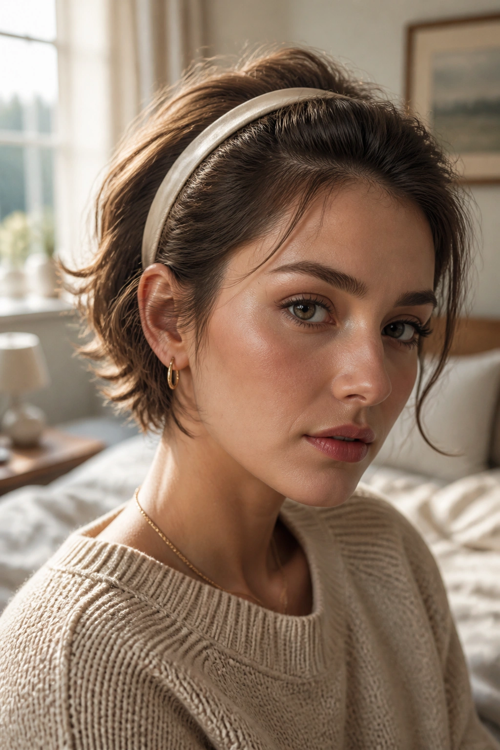 Close-up of short hairstyle with a headband sweep and loose ends