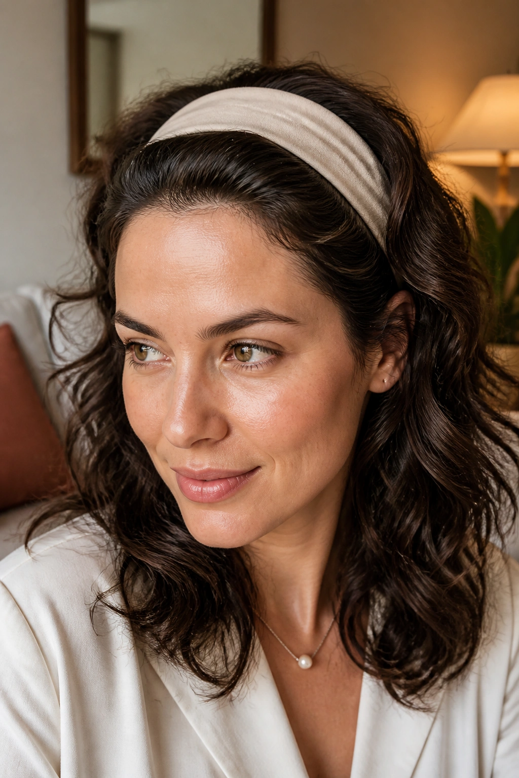 Portrait of a woman with a headband tuck concealing front frizz.