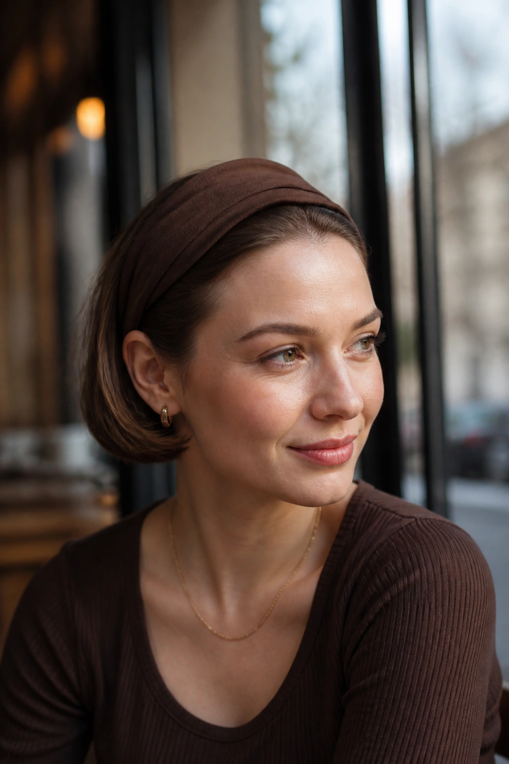 Close-up of a real woman wearing a headband tuck hairstyle.