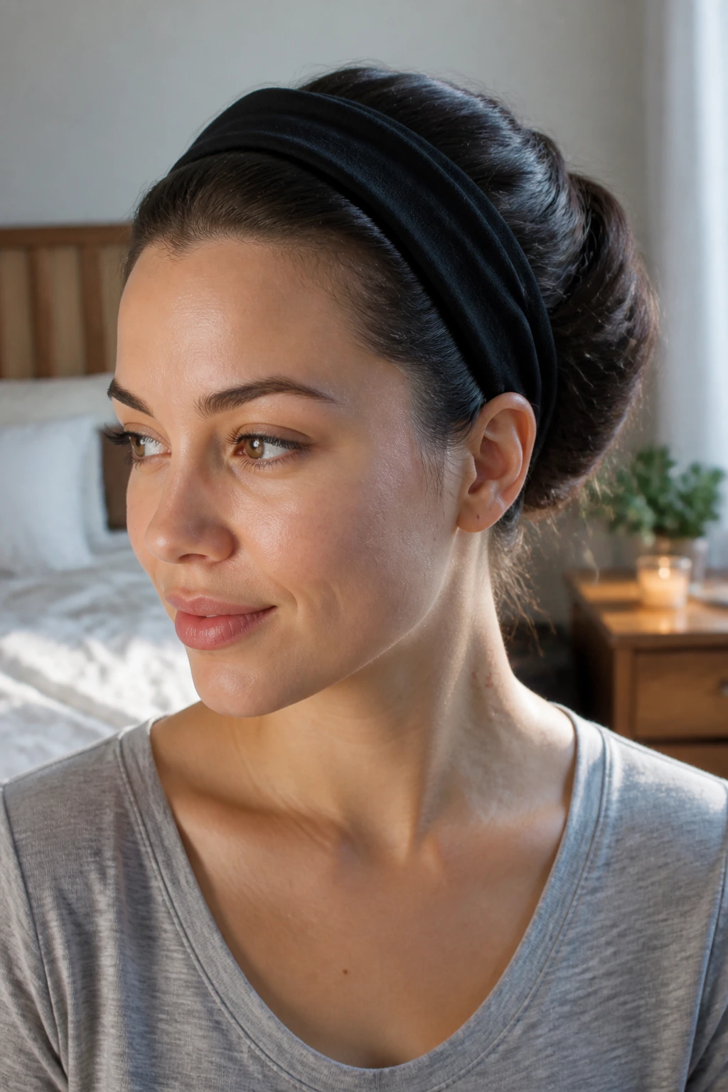 Close-up of a real woman with headband tuck hairstyle