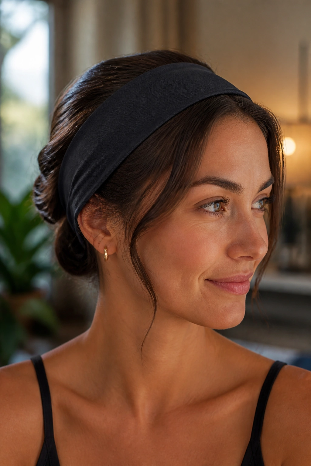 Close-up of a real woman with a headband tuck hairstyle