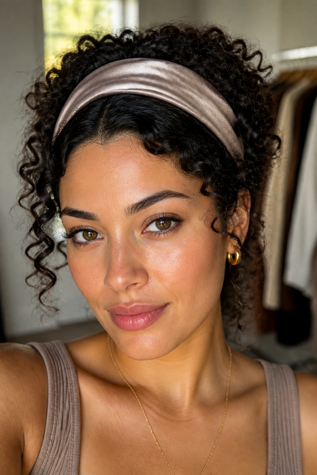 Close-up of a woman with a headband tuck hairstyle.
