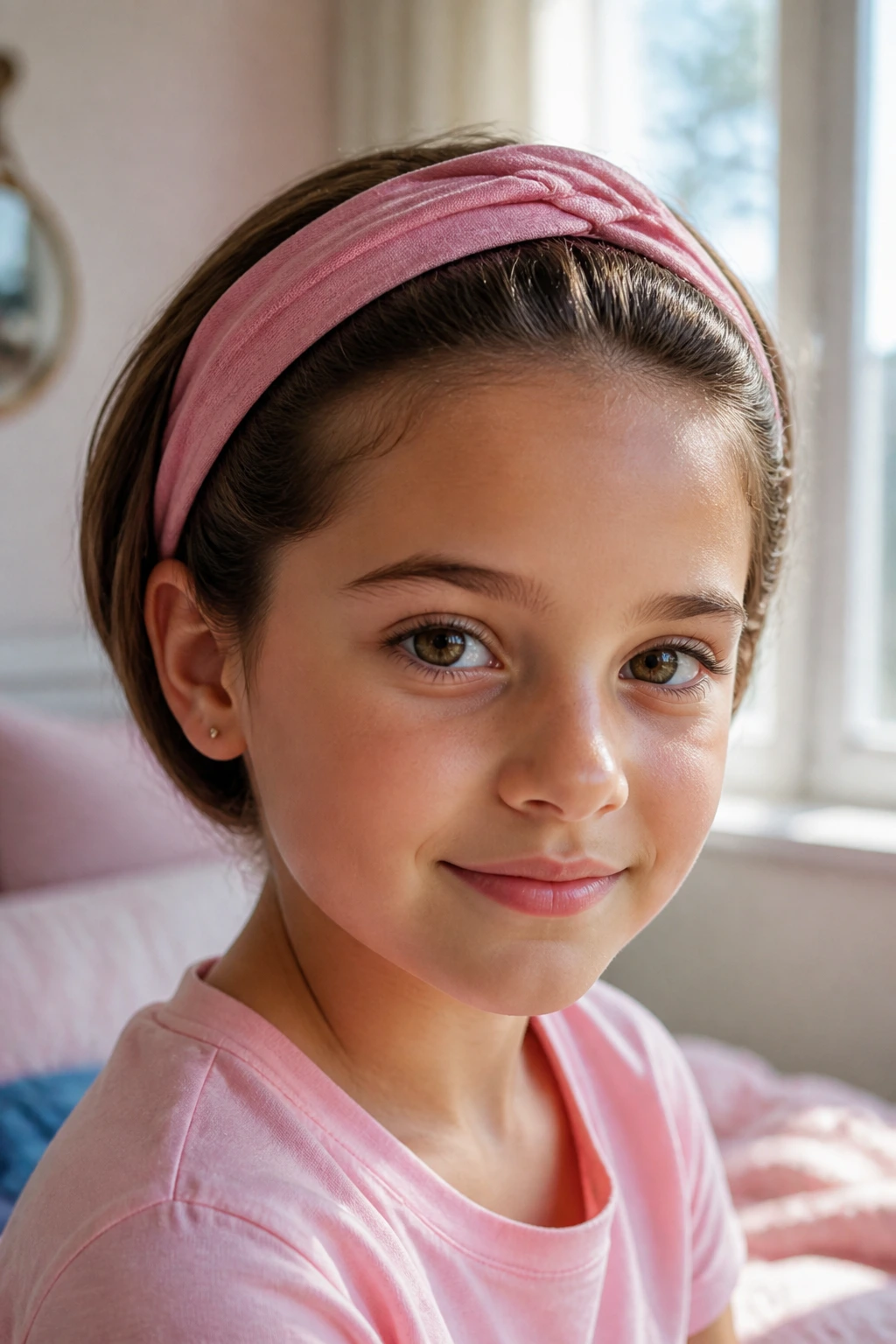 Close-up of child with headband tuck hairstyle