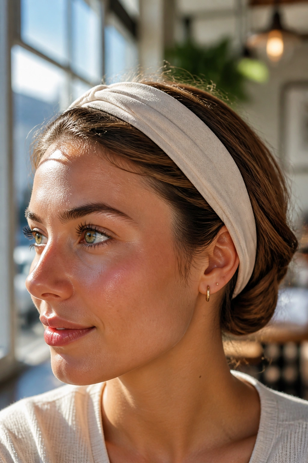 Close-up of a real person wearing a headband with hair tucked underneath