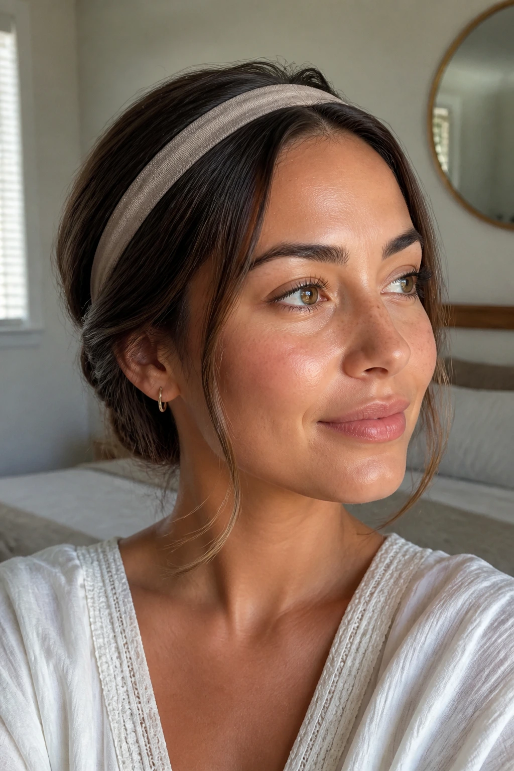 Close-up of a real woman with headband tuck hairstyle in a softly lit bedroom