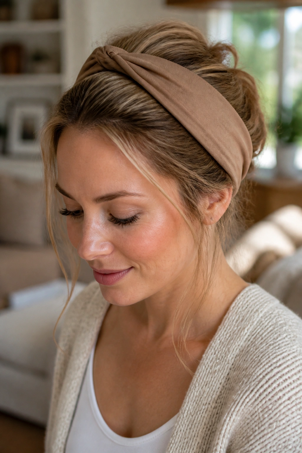 Real woman wearing a wide headband tuck hairstyle with tucked hair at the crown.