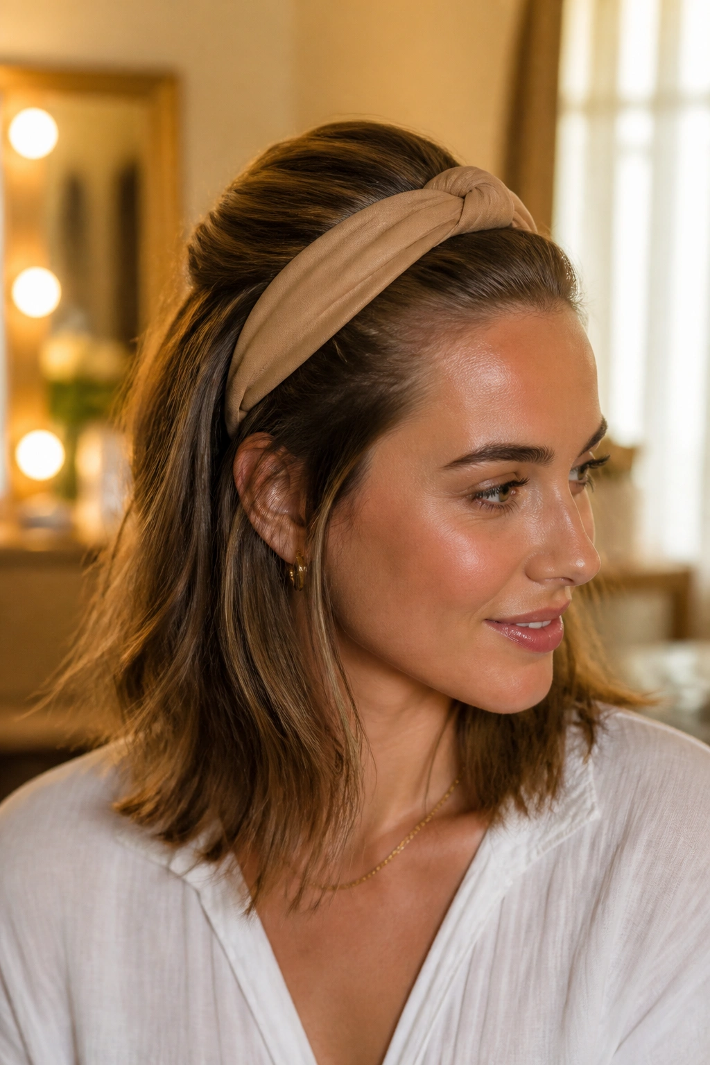 Real woman with headband tuck half-up hairstyle in dressing room light