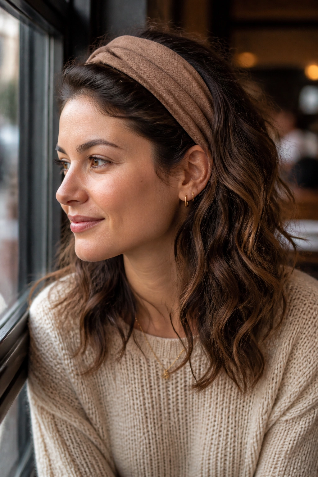 Close-up of a real woman with a headband and loose waves.