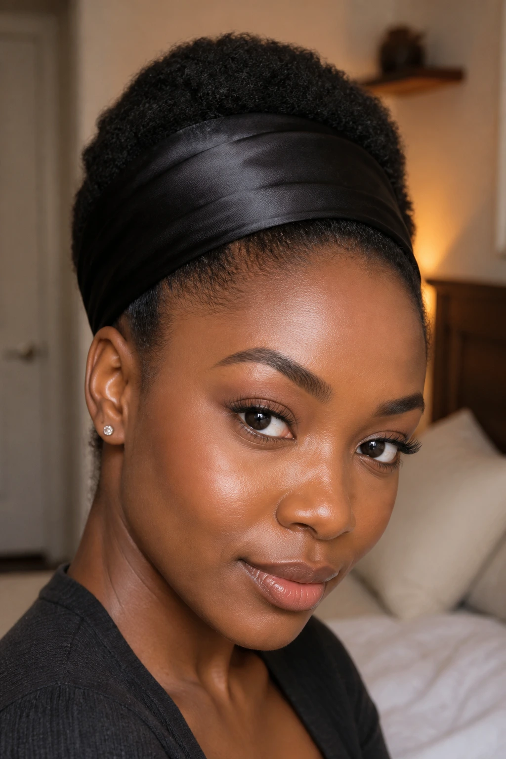 Close-up portrait of a real woman with a headband tuck hairstyle