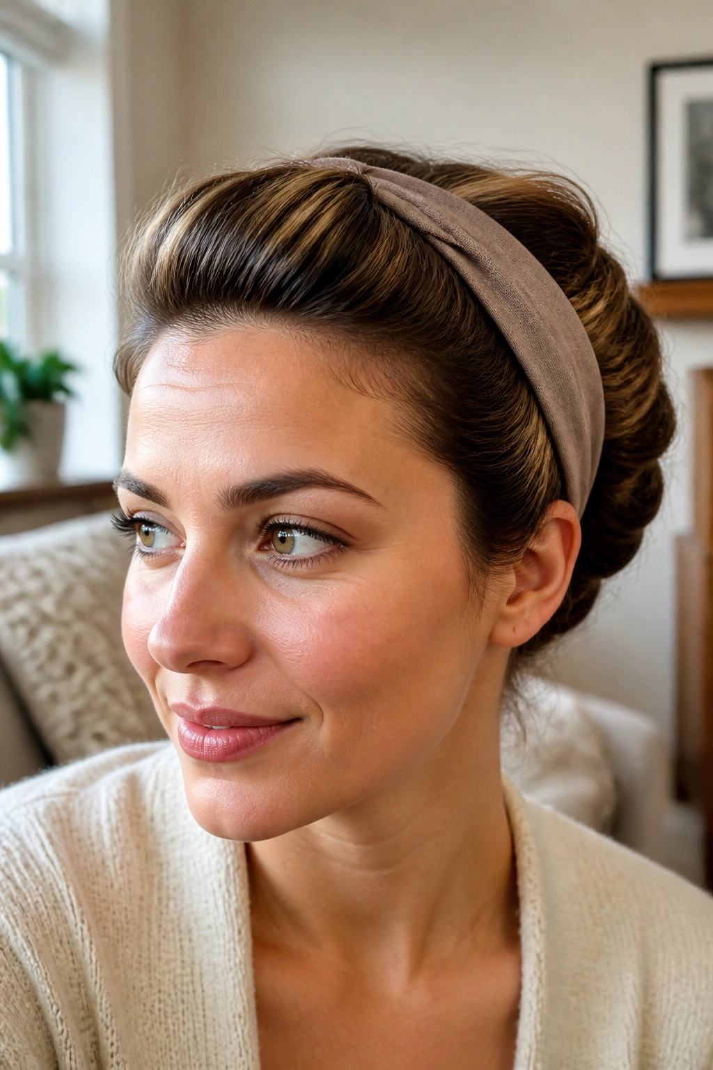 Woman with headband tuck roll hairstyle, close-up in a cozy living room.