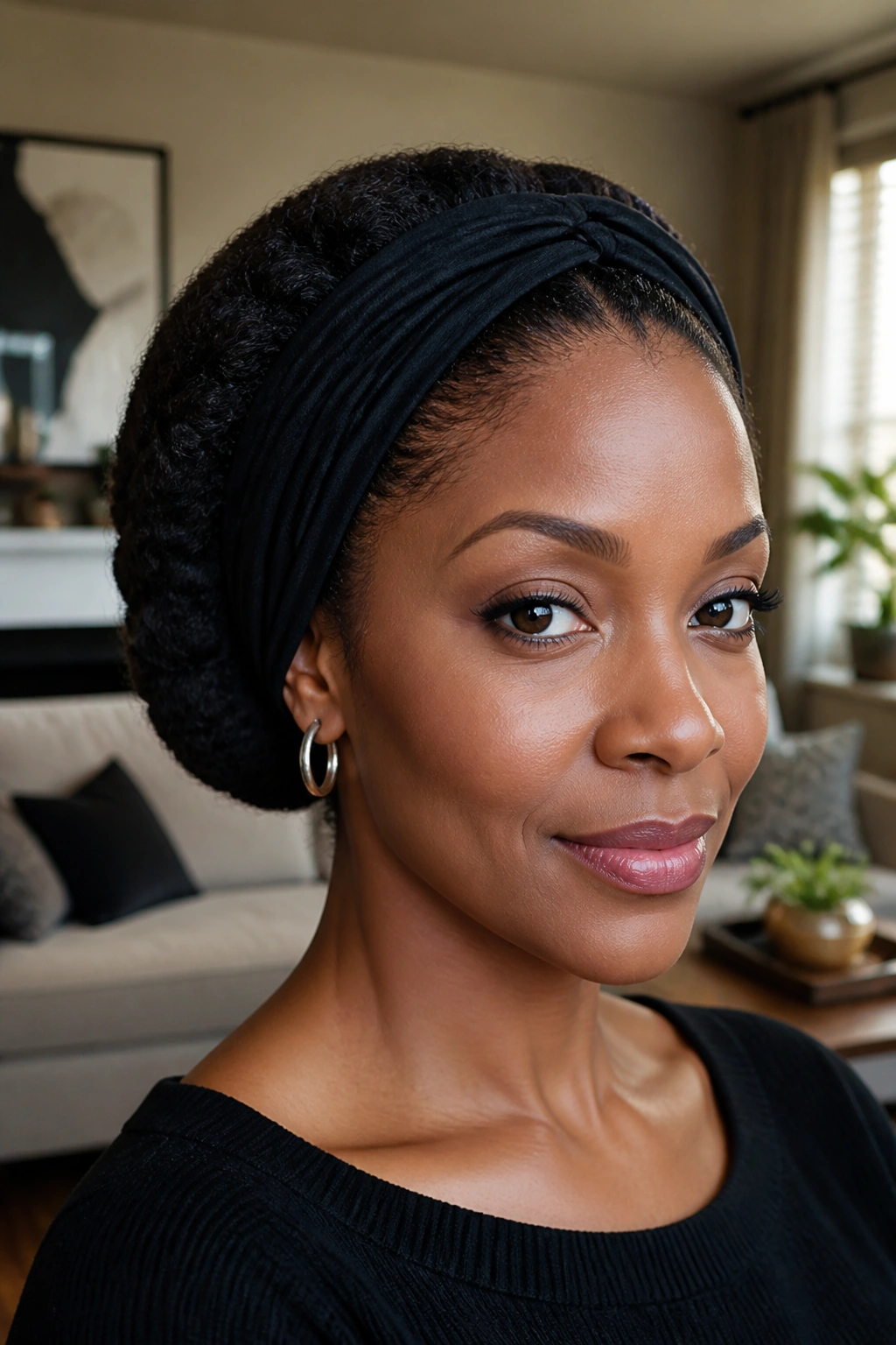Portrait of a Black woman with headband tuck and roll hairstyle