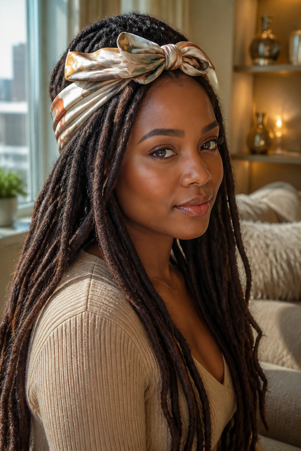 Close-up of headband-wrapped locs with scarf finish on a real person
