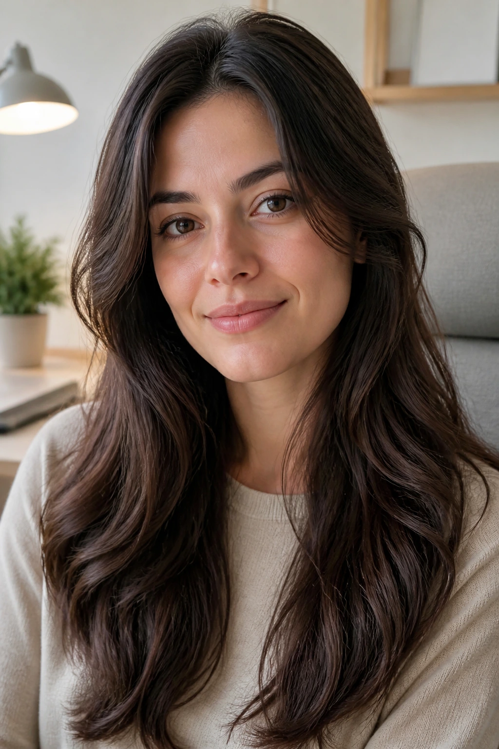 Close-up of real woman with healthy shiny hair in a cozy home-office