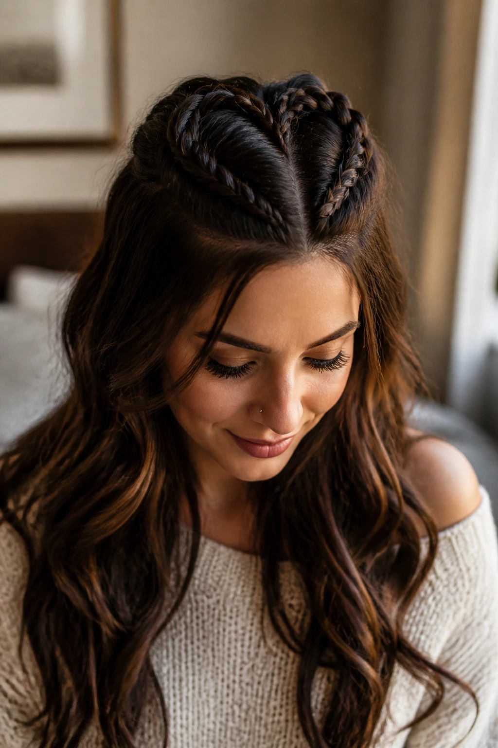 Close-up of a real woman with heart-shaped braid at the crown