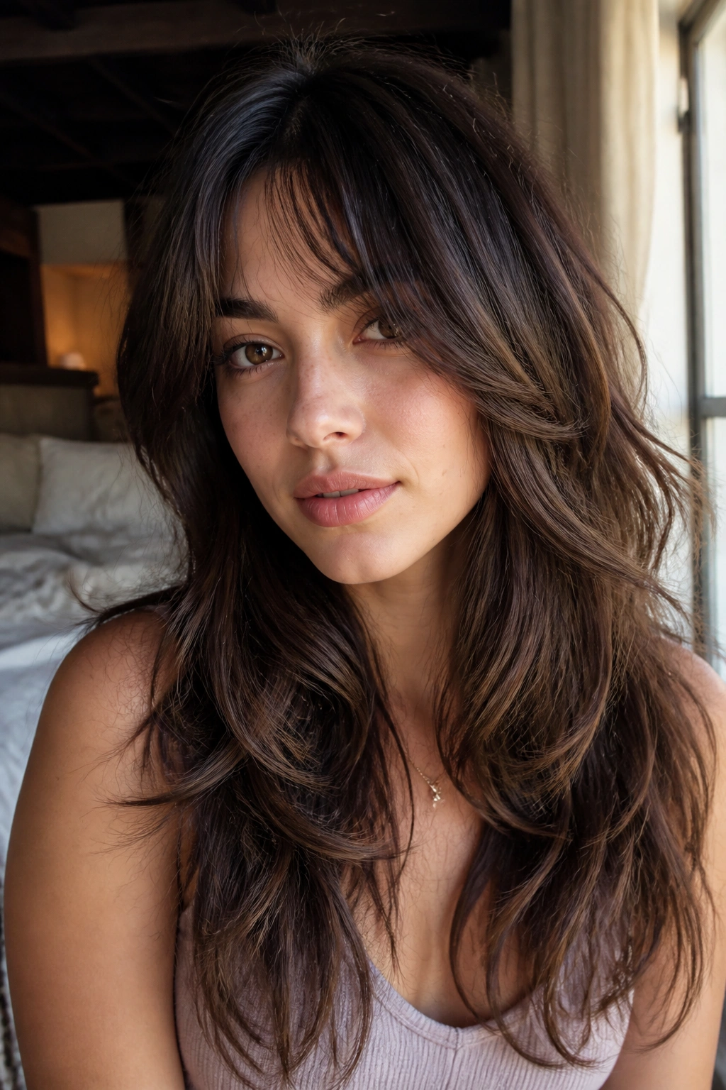 Close-up of a real woman with Heart-Face Balancing Long Shag and soft fringe