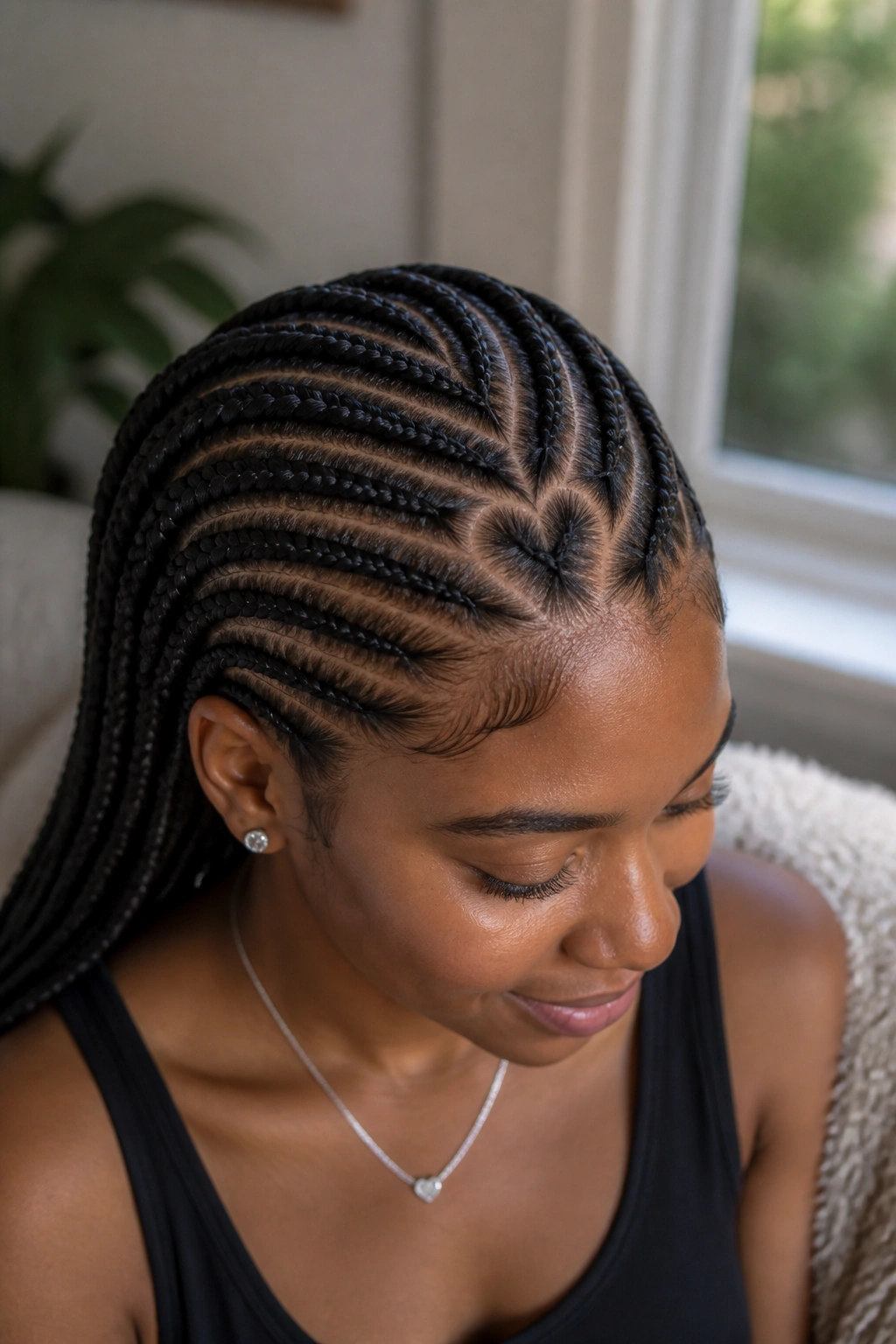 Close-up of a real woman with a heart-shaped part in cornrows.