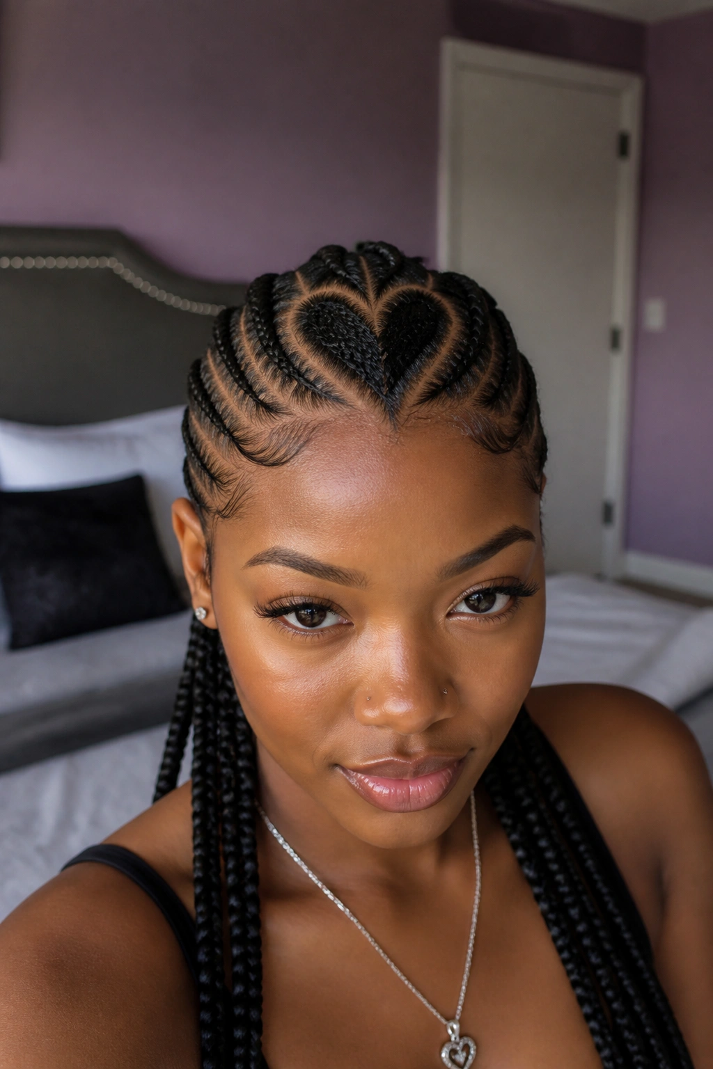 Close-up of real Black woman with heart-part cornrows