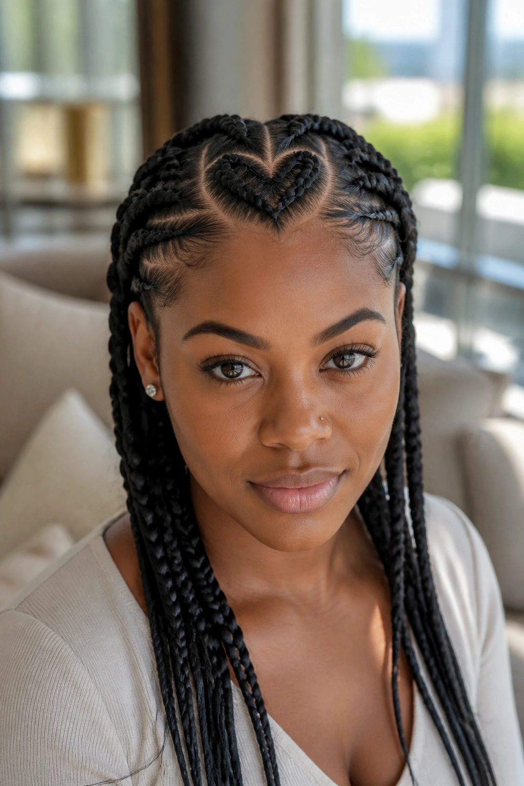 Close-up of a real Black woman with a heart-shaped part in feed-in braids.