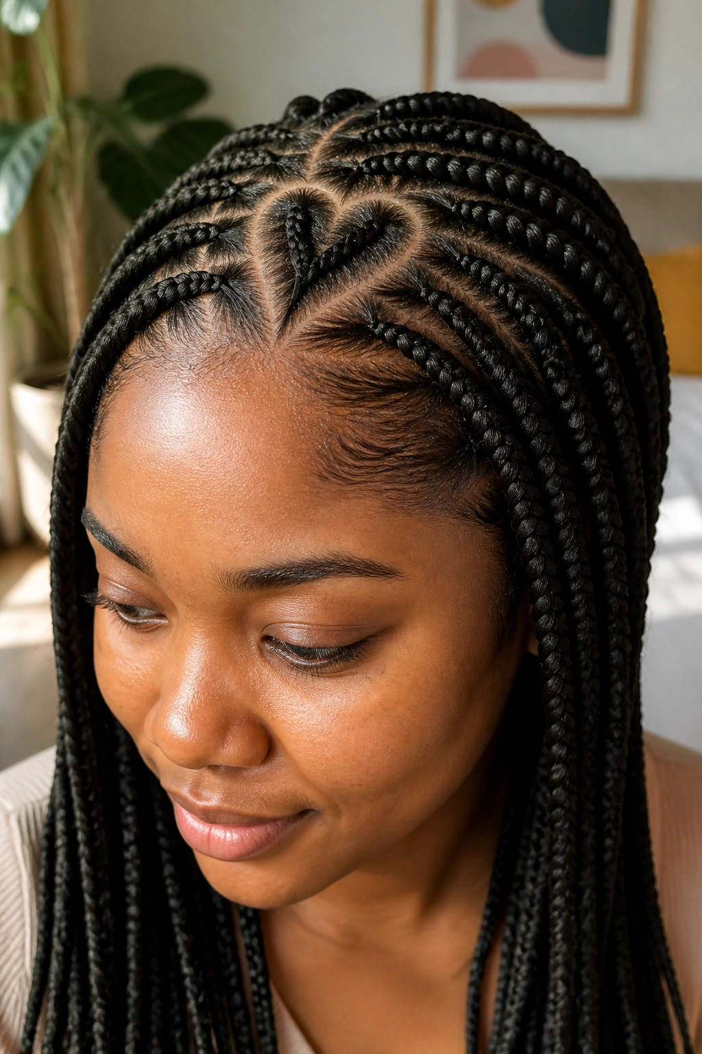 Real woman with heart-shaped part in Ghana braids at the front crown