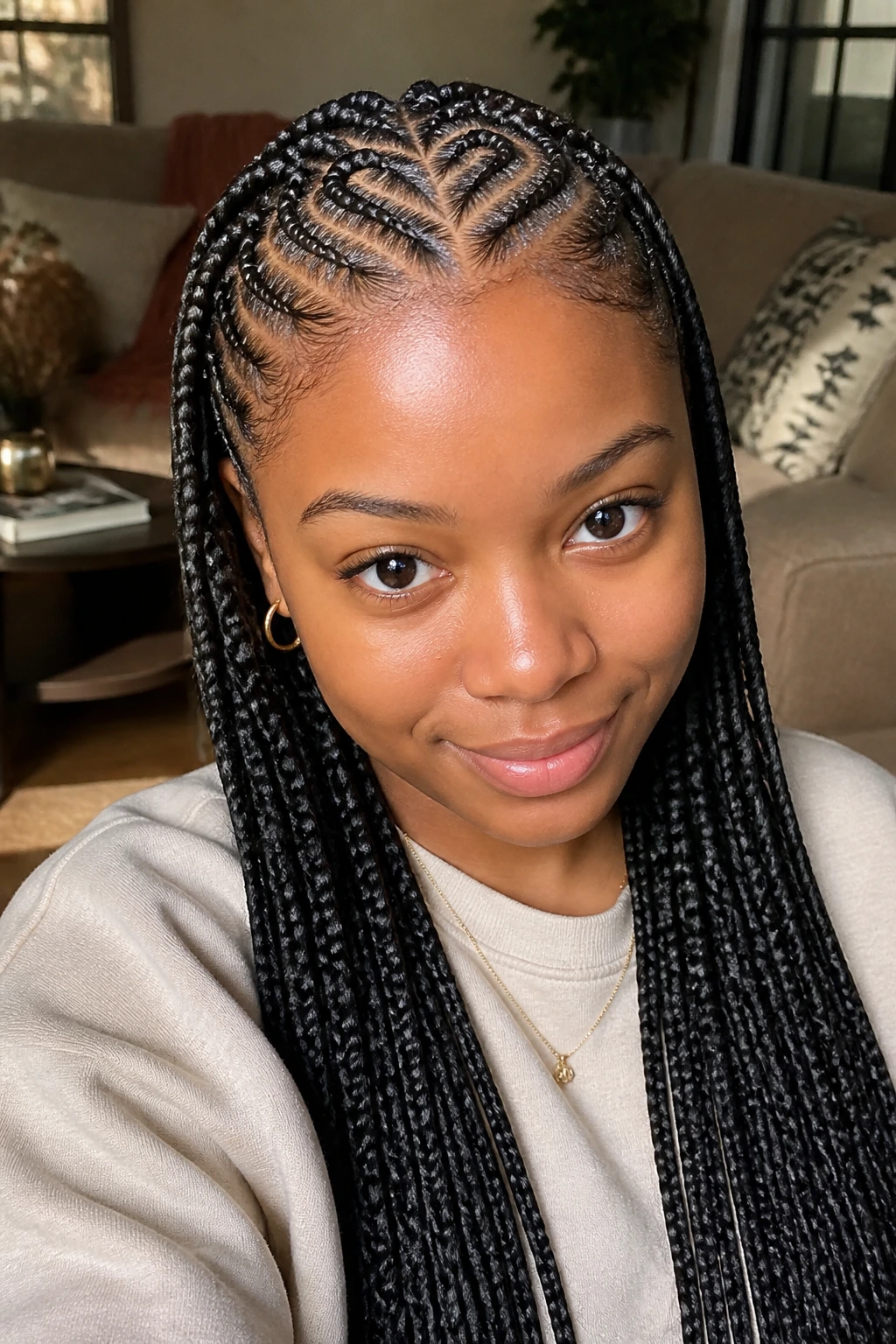 Close-up of a real woman with heart-part Ghana braids at crown in warm light