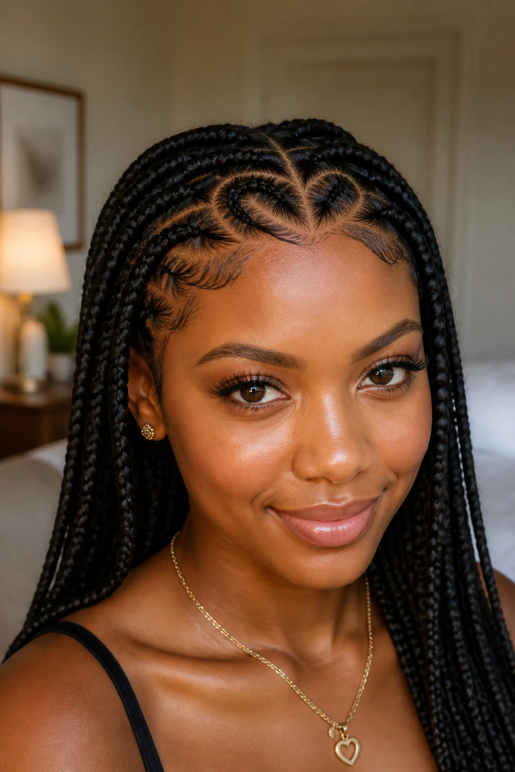 Close-up portrait of a real Black woman with heart-shaped braids along the hairline