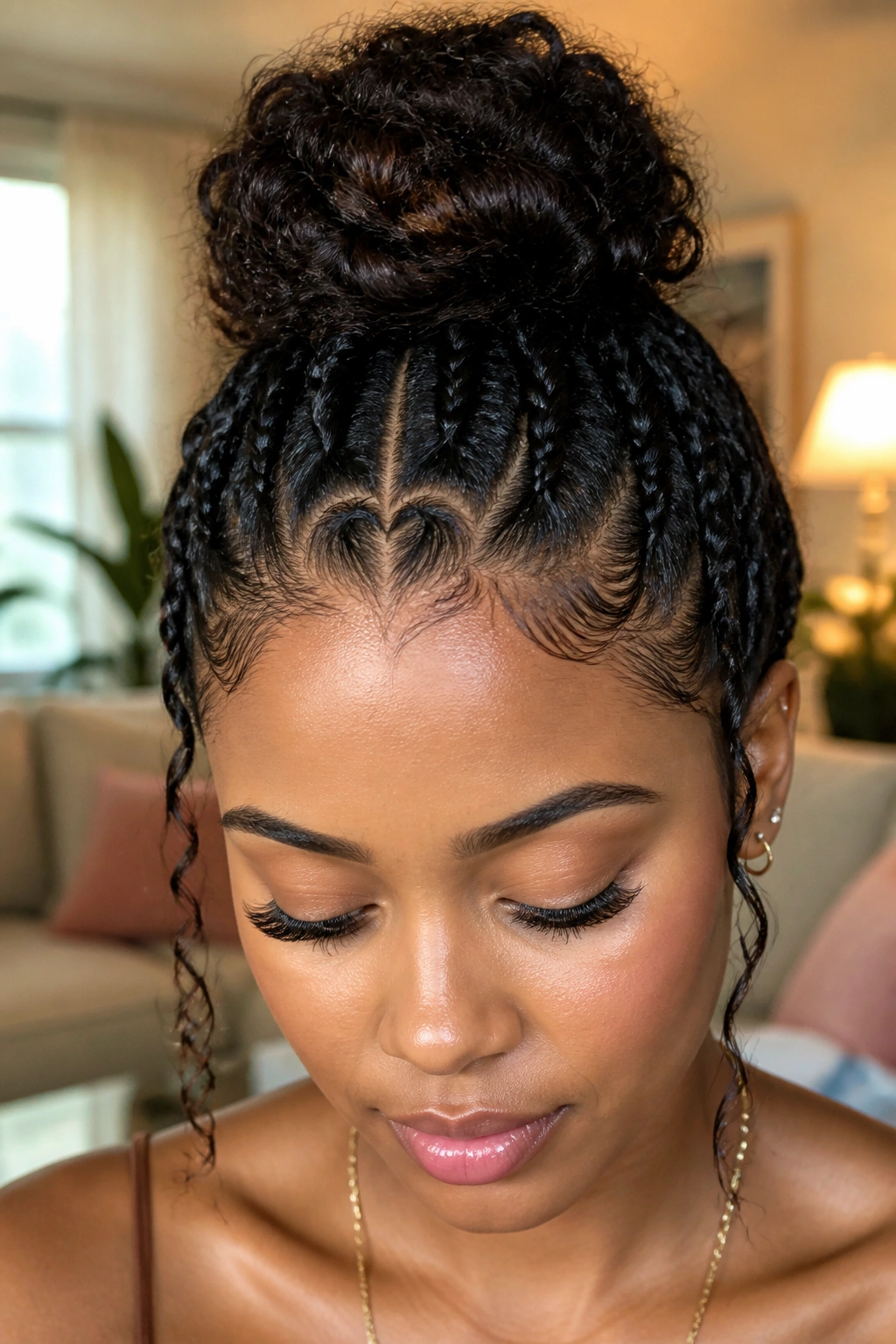 Close-up of a real woman with a heart-shaped edge at the hairline