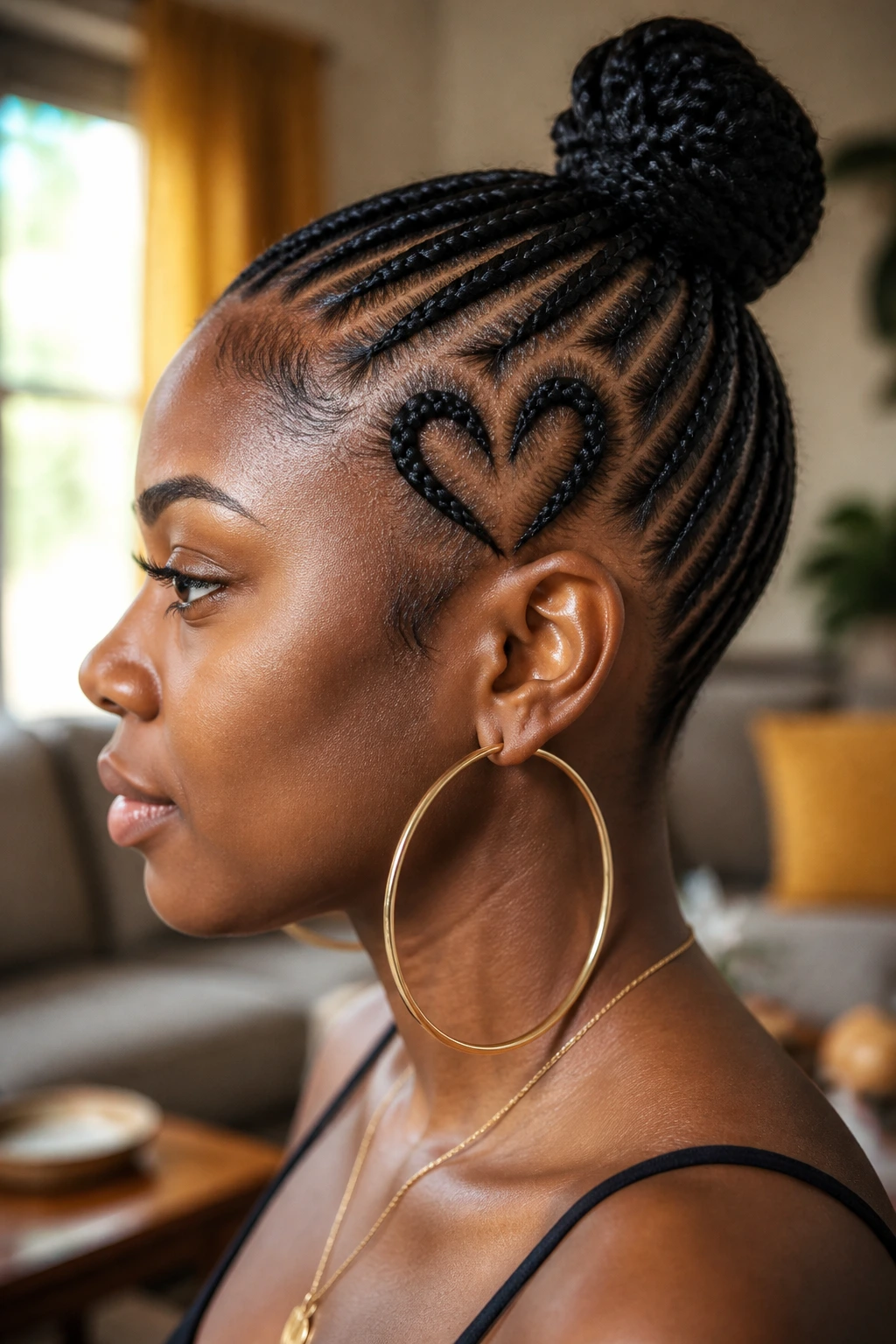 Close-up of a real woman with heart-shaped cornrows on one side
