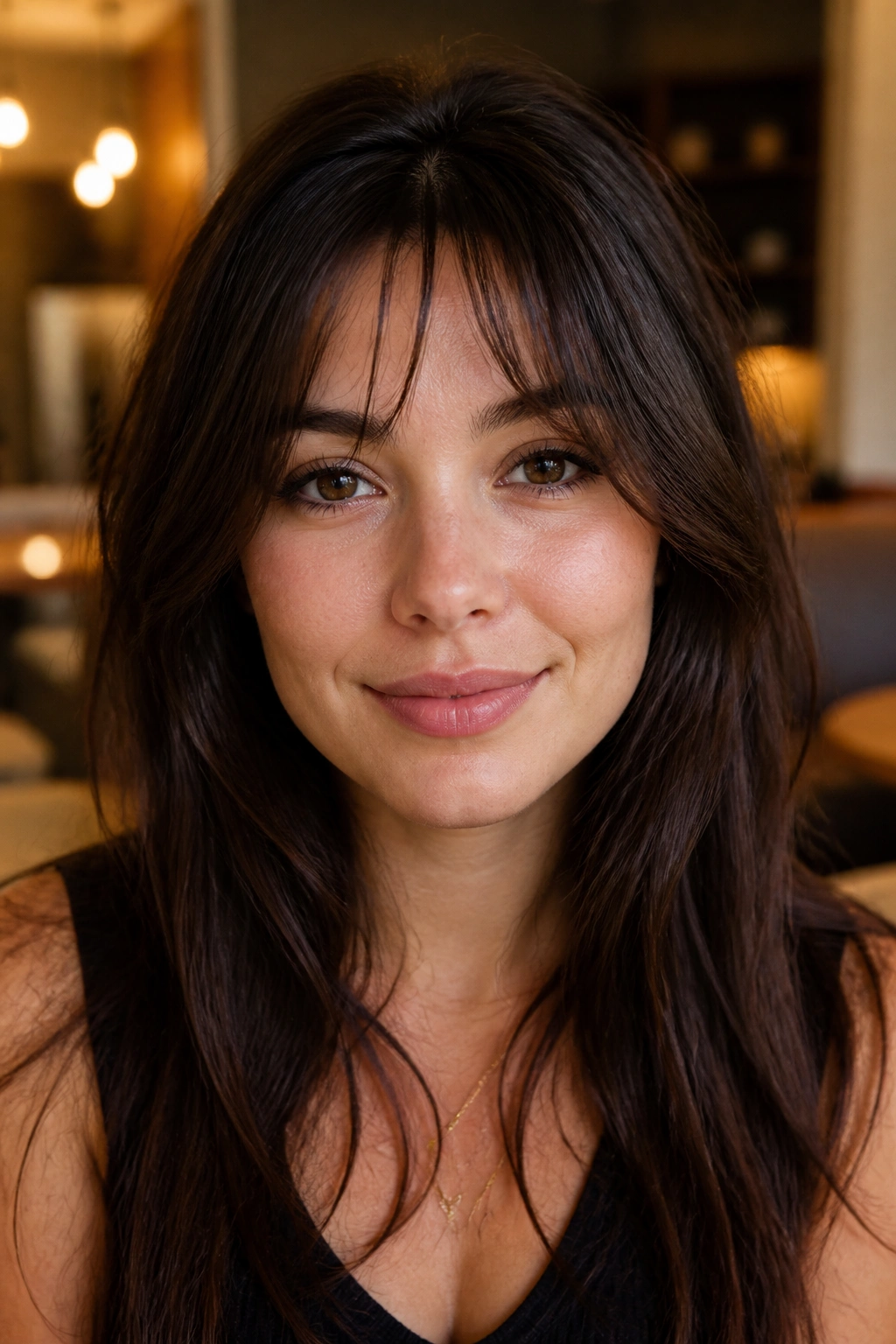 Close-up of a real person with bottleneck curtain bangs balancing a heart-shaped face