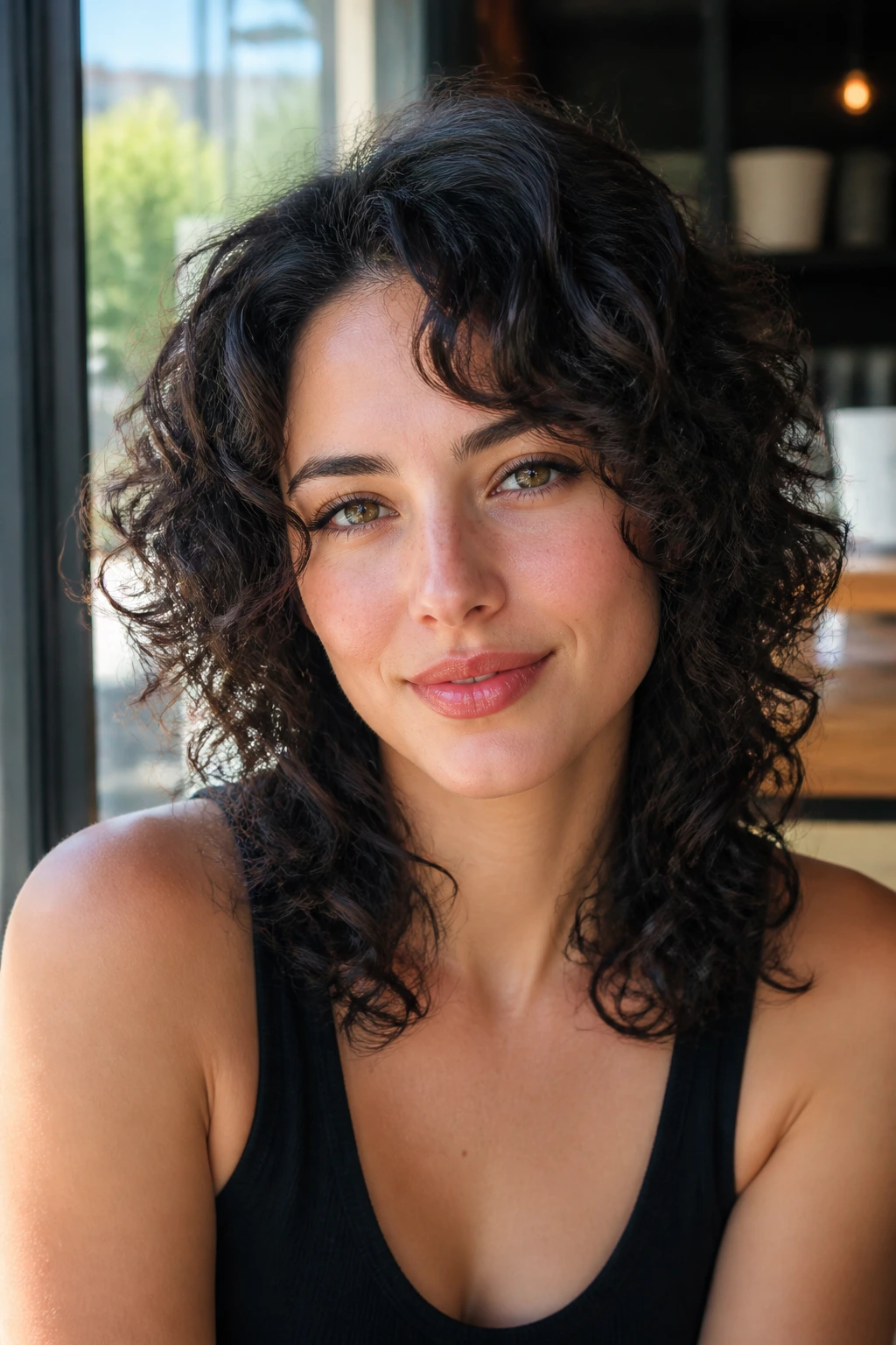 Close-up portrait of a real woman with a heart-shaped face wearing a bang-free curly wolf cut balancing forehead and chin