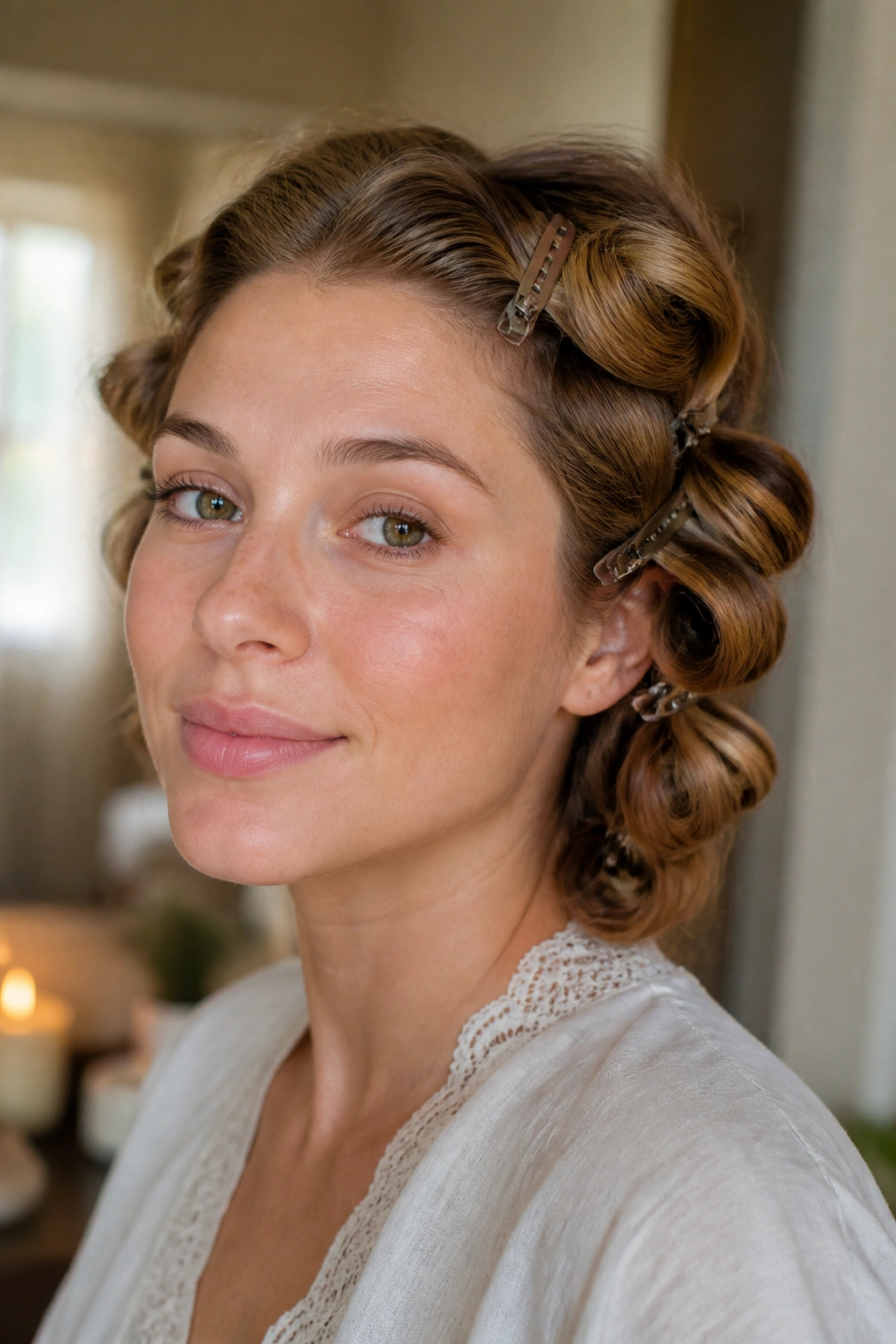 Close-up of real woman with heatless clip-set waves