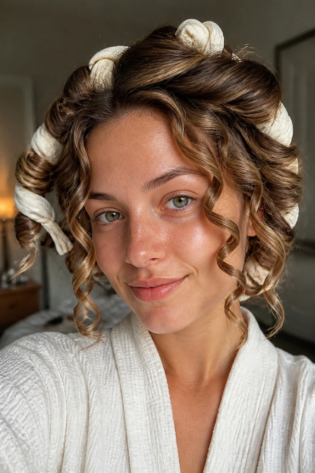 Close-up of a real woman wearing heatless robe curls formed with a robe belt
