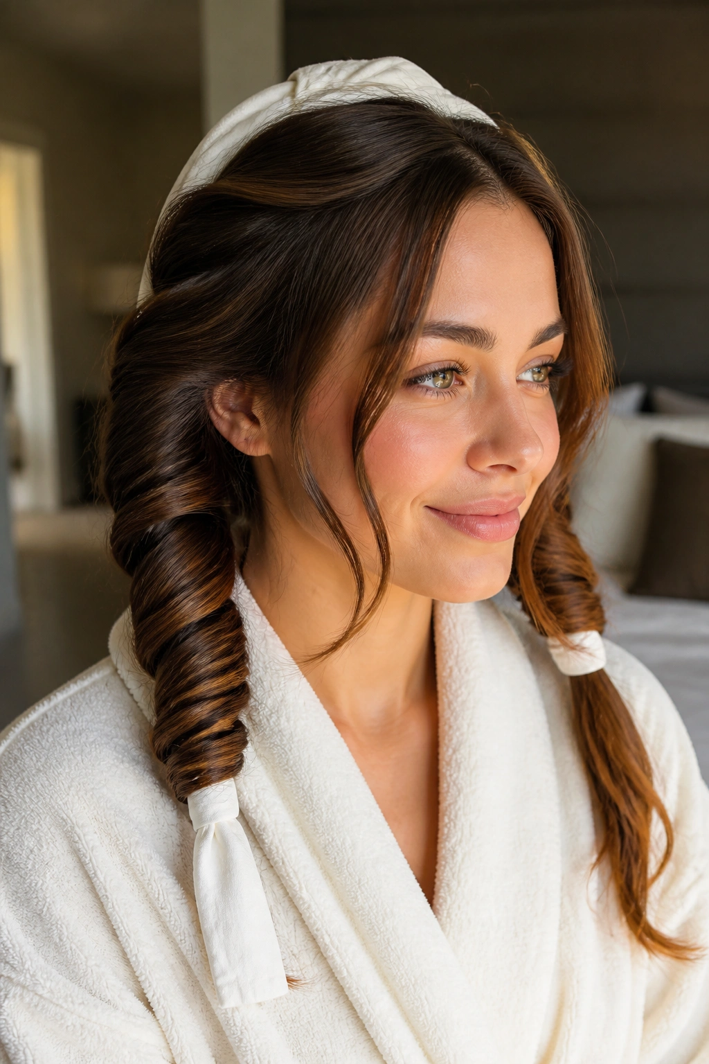 Real woman with heatless robe-belt curls and soft waves