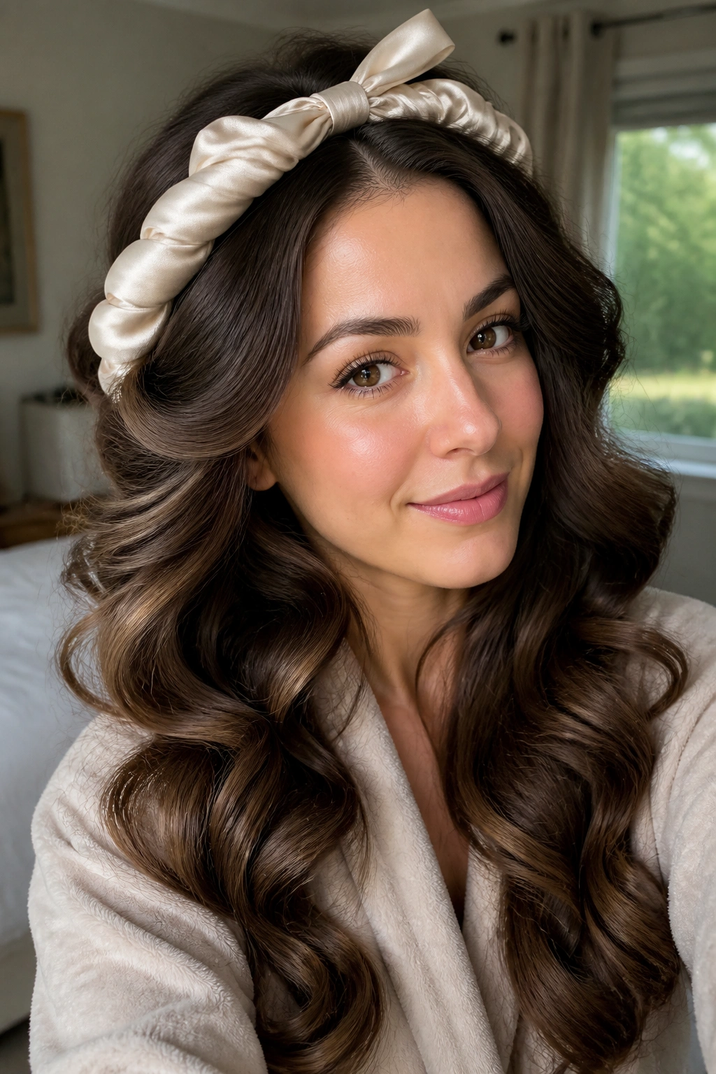 Close-up portrait of a real woman with long hair in heatless robe curls, soft, large curls and warm bedroom light