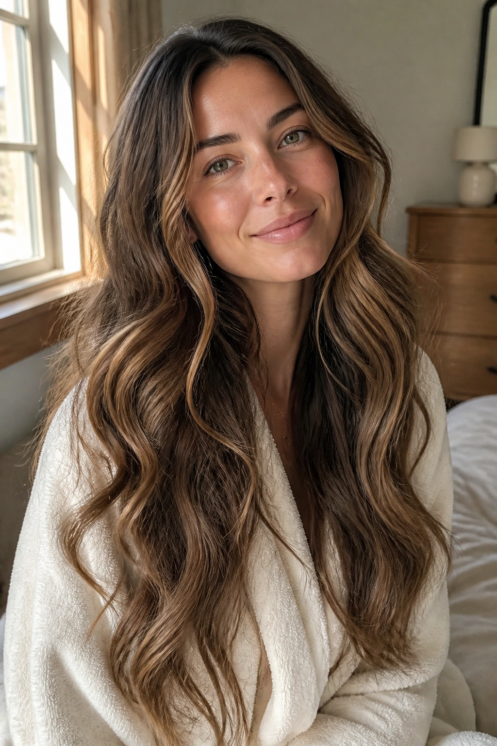 Close-up of a real woman with soft robe-like waves in long thick hair under natural light.