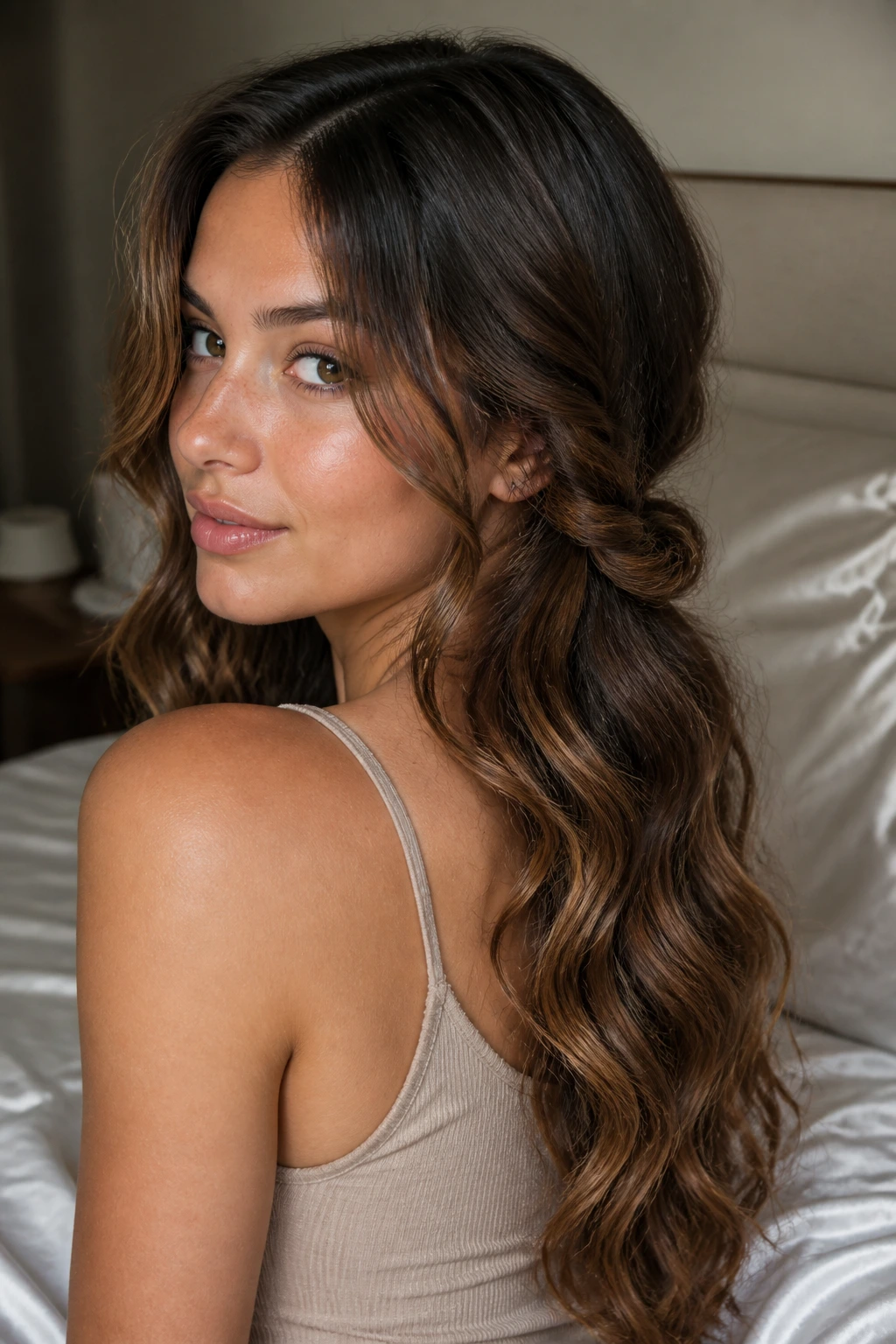 Close-up of heatless rope twist waves on thick hair
