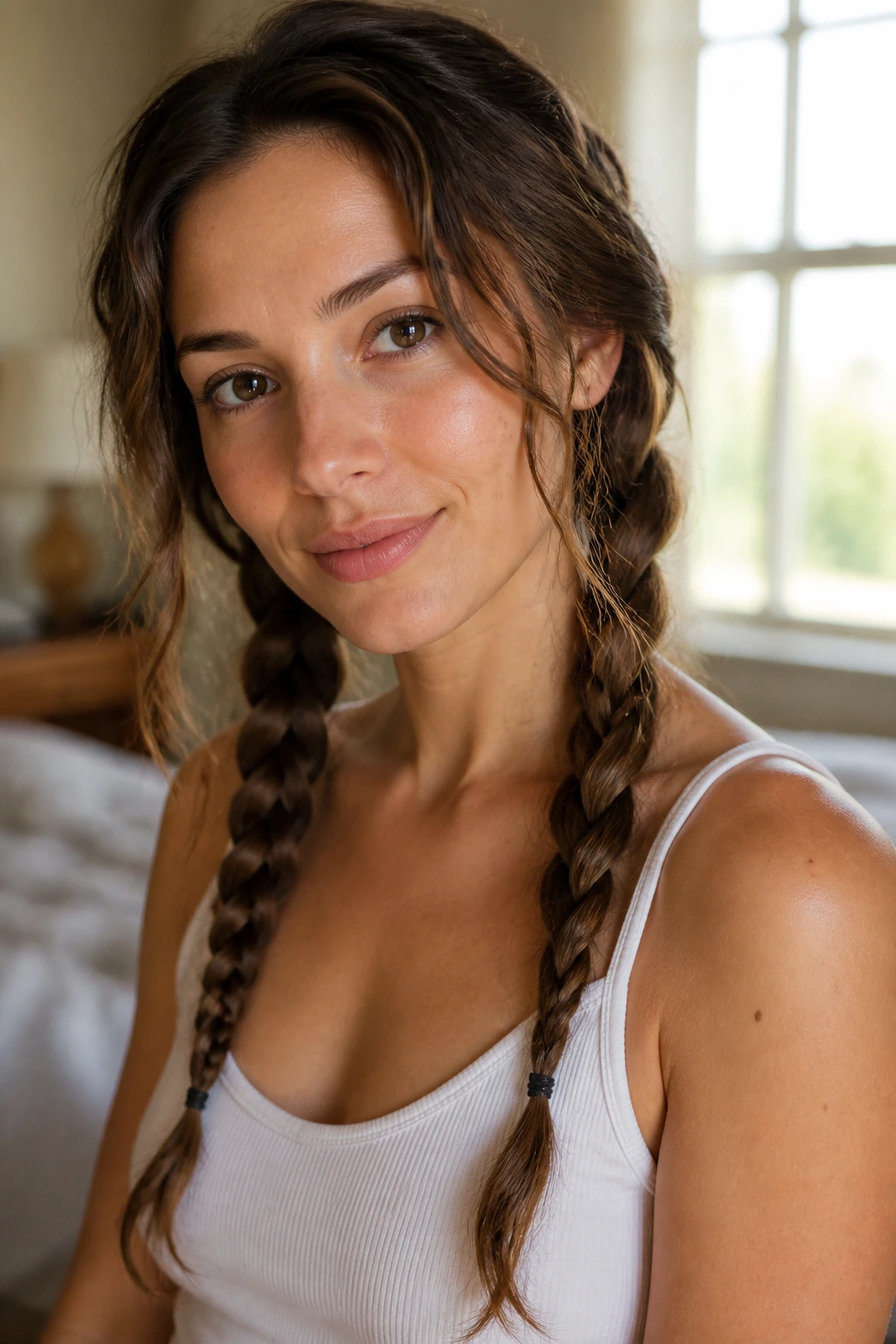 Close-up portrait of a real woman with heatless waves created by two braids under warm bedroom light