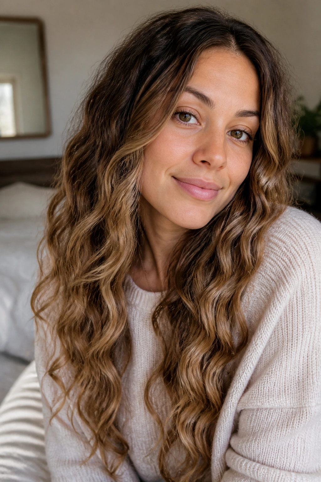 Close-up of a real woman with heatless waves from braids