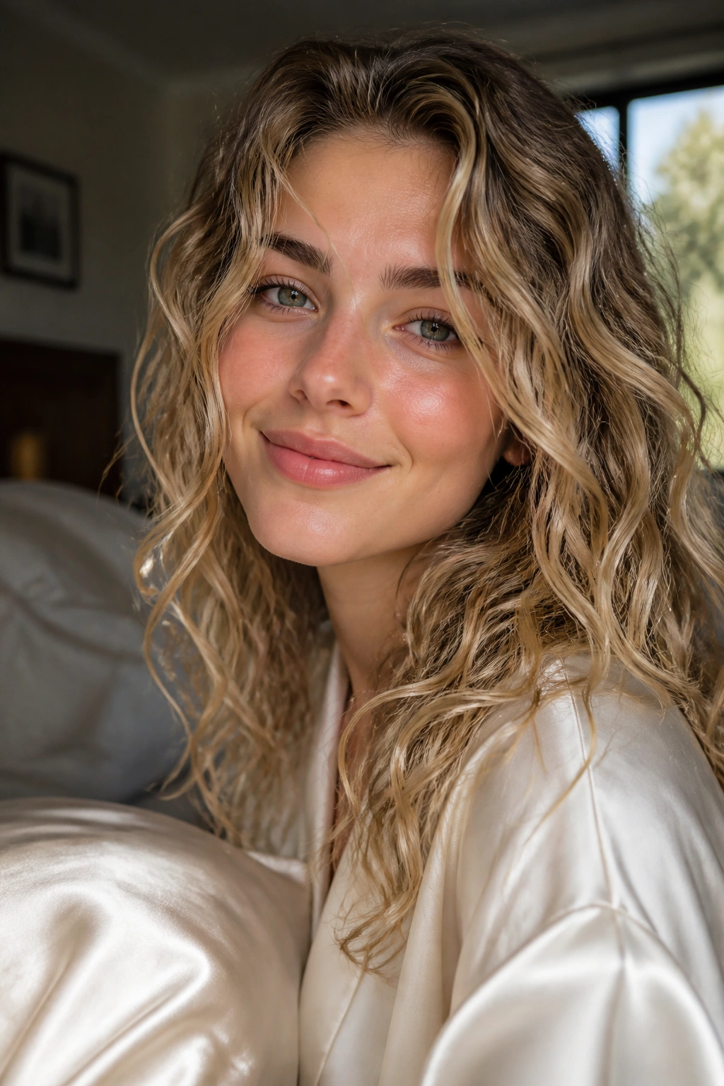 Close-up of a real woman with soft heatless overnight waves in a cozy bedroom.