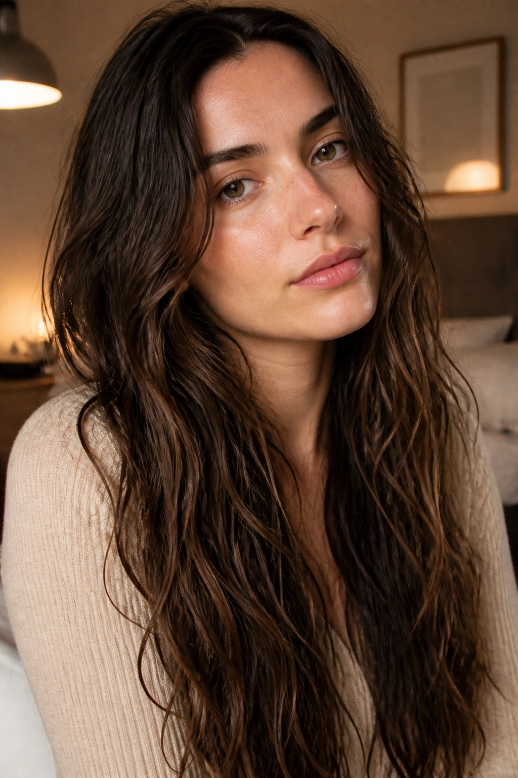 Portrait of a real person with soft heatless waves in long hair