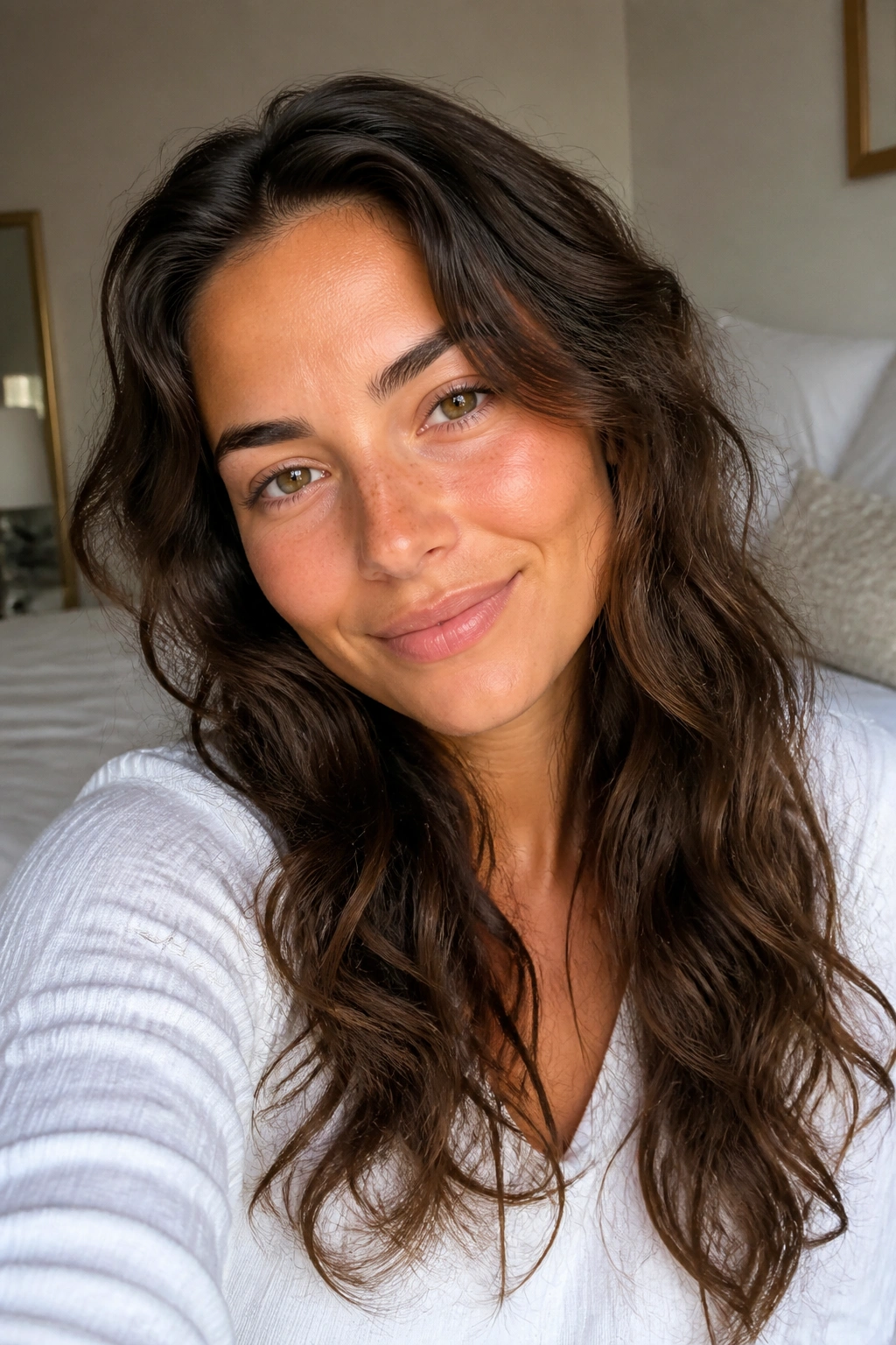Close-up of a real woman with natural-looking heatless waves in soft bedroom light