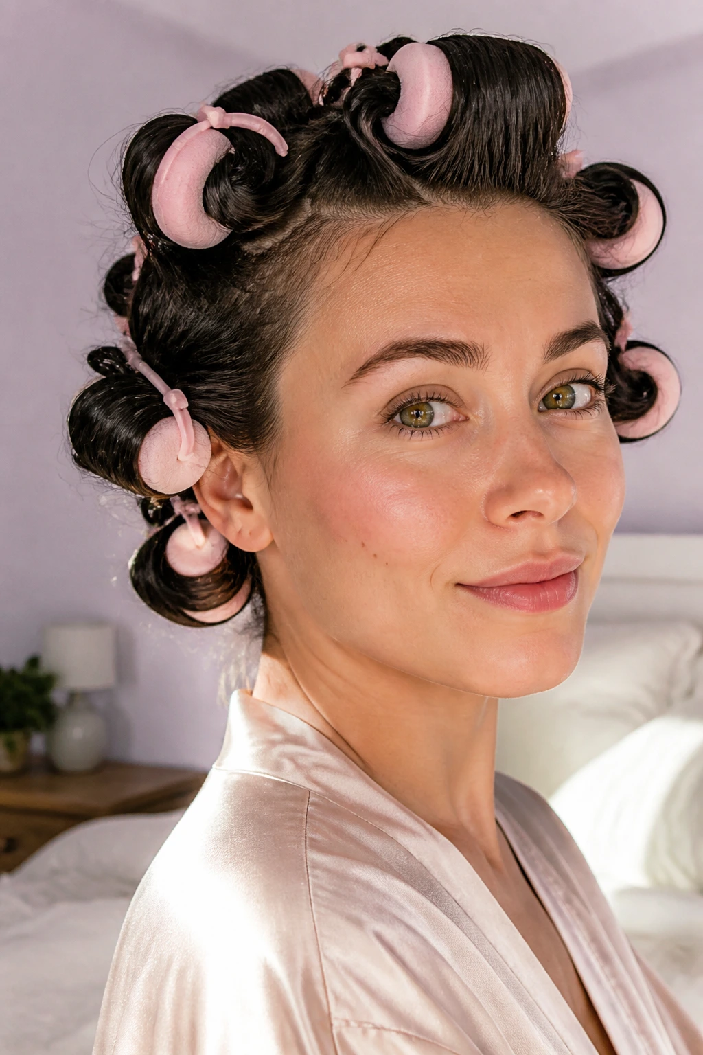 Close-up of a real woman with damp hair in foam rollers for heatless waves