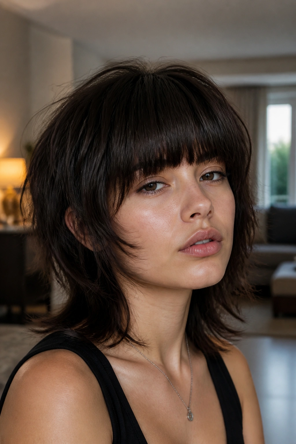 Close-up portrait of a real woman with heavy bangs in a wolf cut, warm indoor light
