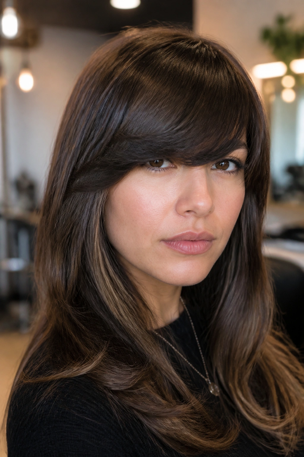 Close-up of a person with heavy side swept bangs skimming the brows